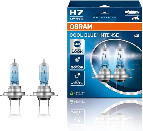 OSRAM COOL BLUE INTENSE H7, +100% większa jasność, do 5000 K, halogenowa lampa czołowa, wygląd LED, składane pudełko wiszące (2 lampy)