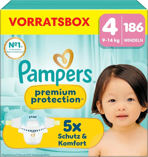 Pampers Premium Protection Größe 4, 186 Windeln, 9kg-14kg