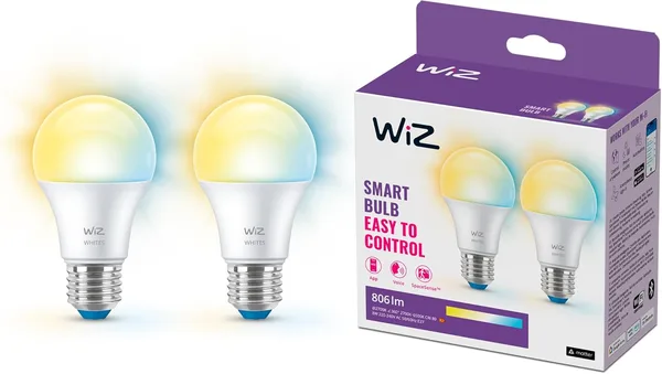 WiZ Smart LED A60 Bulb, Warm to Cool White, E27-Sockel, 60W, 806 Lumen, dimmbar, funktioniert mit Alexa, Google Assistant, und Apple HomeKit, 2er Pack