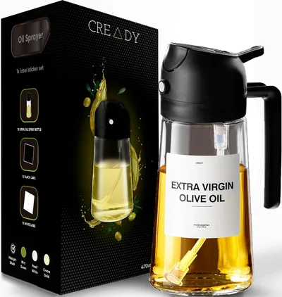 CREADY Czarny Spray Oleju Kuchennego 470ml | Dozownik Oleju Spray 2 w 1 | Frytownica Powietrza Spray Oleju | Spray do olejów | Spray do spryskiwacza | Spray do oleju | Dozownik oleju