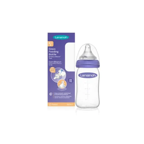 Lansinoh 77140 Szklana Butelka Dla Niemowląt, Przezroczysty/Fioletowy, 160 ml