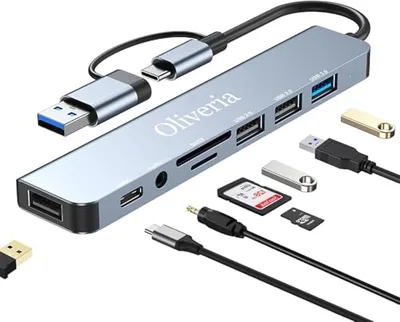 Koncentrator USB-C 3.0, wieloportowy adapter USB Hub 3.0 8 w 2 z czytnikiem kart SD i TF, portami USB 3.0 i 2.0, złączem audio 3,5 mm, USB-C, do MacBooka Air/Pro, Galaxy, iPada, systemu Windows itp.