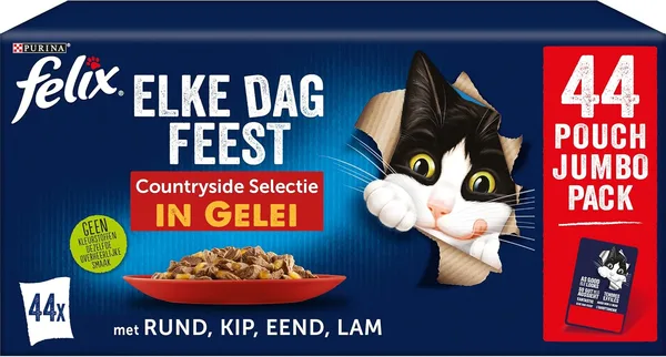 FELIX Fantastic Mokra Karma dla Kotów Wiejskie Smaki, Pakiet Ekonomiczny, 44 Wygodne Saszetki, Delikatne Kawałki w galaretce, 4 Pyszne Smaki, 100% Pełnoporcjowe i Zbilansowane żywienie