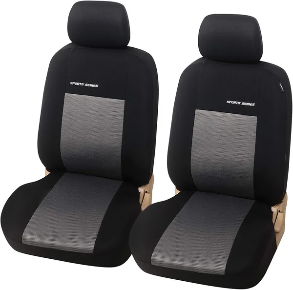 eSituro Coprisedile Singolo Auto Anteriore Universali Elastico Con Fodera per Poggiatesta, in Poliestere Grigio + Nero- A