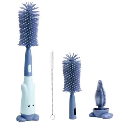 Vicloon Spazzola per Biberon, 3 in 1 Spazzola per la Pulizia di Ciuccio, Scovolino in Silicone per la Pulizia Biberon, Tettarella, Cannucce, Blu