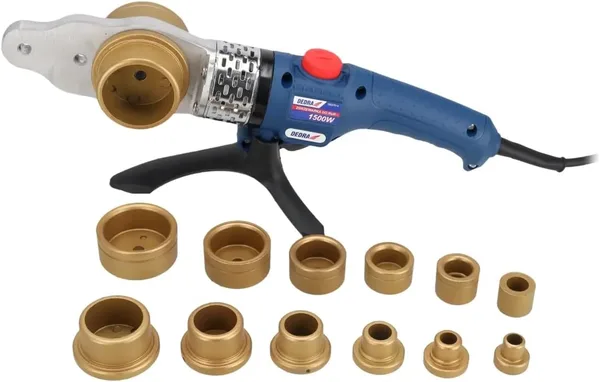 DEDRA DED7514 - Saldatrice per manicotti e raccordi in plastica, 1500 W, custodia in metallo, portata Ø 16-63 mm, fino a 300 °C, con 7 accessori