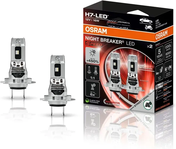 OSRAM NIGHT BREAKER LED SPEED H7 450, LED-Fern- und Abblendlicht mit Straßenzulassung, bis zu 450% mehr Helligkeit, 6000K,schnelle Installation, kein mechanisches Zubehör notwendig, LEDEC02 integriert