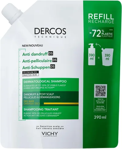 Vichy Dercos Szampon przeciwłupieżowy DS do włosów suchych Eco-wkład 390ml | Usuwa widoczny łupież już po pierwszym użyciu, łagodzi skórę głowy i pomaga zrównoważyć mikrobiom.