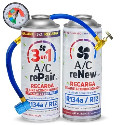 AC Kit Completo Recarga Aire Acondicionado Coche con Aceite Sellador Detector Tapa Fugas, Sustituto Gas Refrigerante R134a R12, Manómetro LP, Natural y Ecológico Recambio Compatible Coches 1992-2016