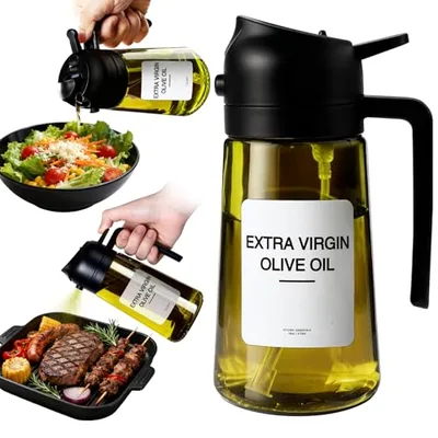 Spruzzino Olio Per Friggitrice Aria 470 Ml 2 In 1 Funzione Spray E Versamento、Oliera Spray Vetro Verde Protezione Dalla Luce 、Etichette Multilingua 、 Nebulizzatore Insalate E Grigliate