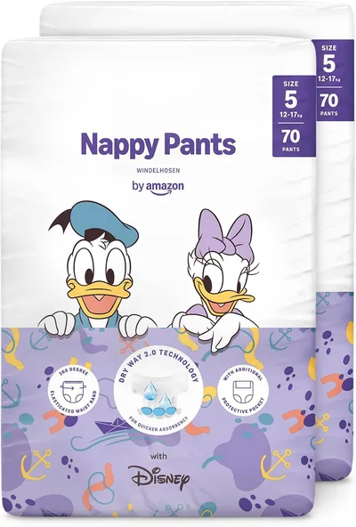 by Amazon, Pannolini Mutandina Disney, Taglia 5 (12kg-17kg), 140 Pezzi (2 Confezioni da 70), Bianchi, Confezione Mensile (in Precedenza un Marchio Mama Bear, Stesso Prodotto)