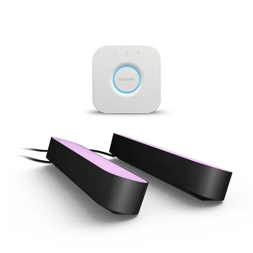 Philips Hue White & Color Ambiance Play Lightbar 2er Pack (500 lm) und Hue Bridge, dimmbare LED-Lightbar für das Hue Lichtsystem mit 16 Mio. Farben, smarte Lichtsteuerung über Sprache oder App,schwarz