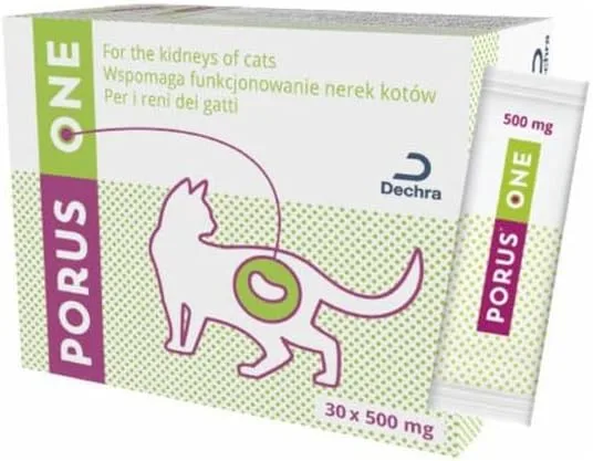 Porus ONE, Karma uzupełniająca niskobiałkowa dla kotów z chorobami nerek, zmniejszająca podwyższony poziom toksyn mocznicowych, 30 x 500 mg