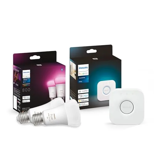 Philips Hue White and Color Ambiance Lampadina Smart 2 Pezzi, Attacco E27 Hue Bridge, Centro di Controllo del Sistema Hue