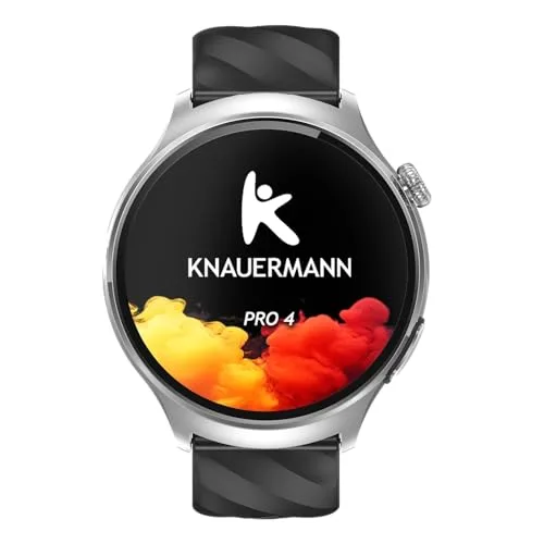 Knauermann PRO 4 EKG-Gesundheitsuhr mit Telefonfunktion – Smartwatch in Silber – Puls, Blutdruck, HRV, Schlafanalyse – Für Damen und Herren – Silikonarmband Silber