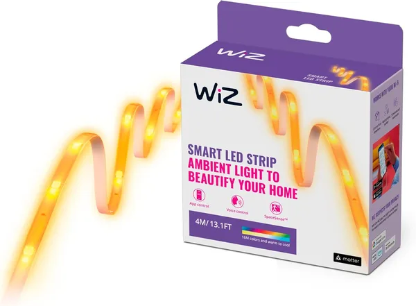 WiZ Inteligentna Taśma LED 4 M, Typ C, Wi-Fi, Bluetooth, Wiele Odcieni Bieli, Szeroka Paleta Kolorów, Sterowanie Aplikacją