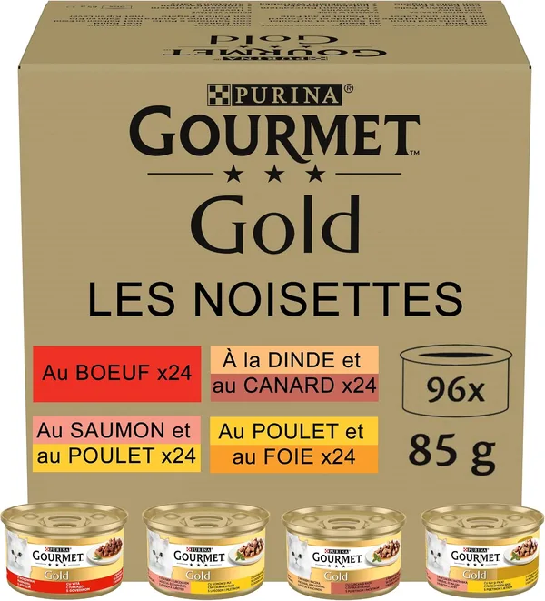 Gourmet Gold Feine Pastete, Katzenfutter nass, mit Kaninchen, Rind, Kalb, Lamm, 96er Pack (96 x 85g)