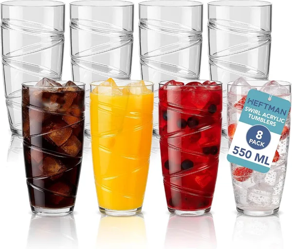 HEFTMAN Plastikowe Kubki Zestaw 8-550ml akrylowych kubków kubkowych z wzorem wirowym - Plastikowe szklanki wielokrotnego użytku do ogrodu, pikników, kempingów, grilli, imprez (Przezroczysty)