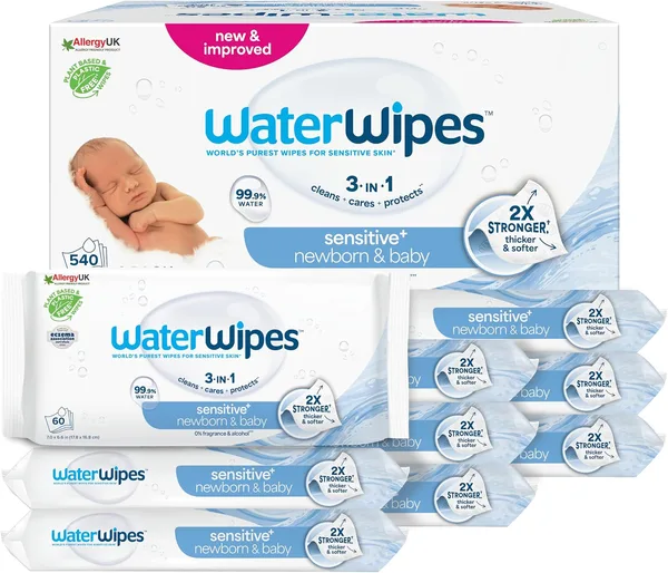 WaterWipes Sensitive+ Newborn & Baby Wipes, 99,9% wody, 9 opak. | 3 w 1: oczyszcza, pielęgnuje i chroni, hipoalergiczne, 0% zapachu i alkoholu, 540 szt. do codziennego użytku