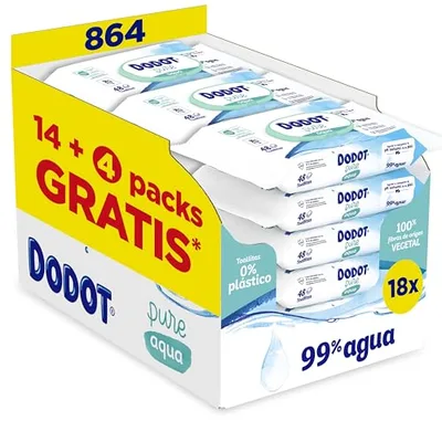 Dodot Pure Aqua chusteczki dla niemowląt, 99% wody, 100% włókna pochodzenia roślinnego, 864 chusteczek, 18 opakowań (18 x 48)