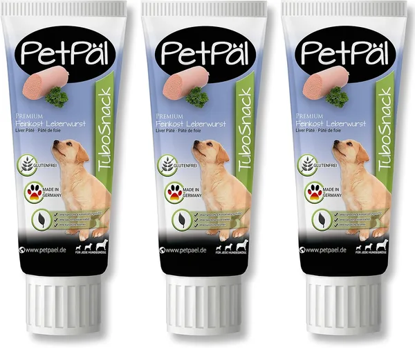 PetPäl Cani Salsiccia di fegato TuboSnack - 3 x 75g - Premium Trattamenti dal Tubo - Naturalmente Senza Cereali, Sale e Zucchero - per Cane e Cuccioli - Merenda, Spuntino Naturale - Made in Germany