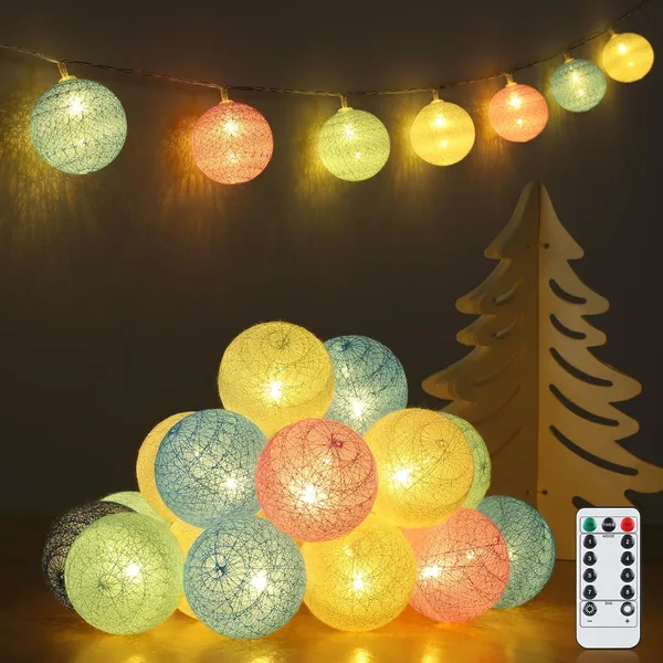 Lichterkette Baumwollkugeln, 20 LED Kugeln Lichterketten USB & Batteriebetrieben mit Fernbedienung, Cotton Ball Lichterkette Innen für Kinderzimmer, Teenager, Mädchen
