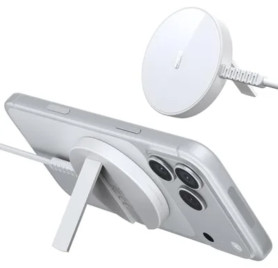 ESR Ładowarka MagSafe, Magnetyczna Ładowarka Bezprzewodowa ze Składaną Podstawką, Kabel USB-C 1,5 m, do iPhone 17/17e/16/15/14/13/12, AirPods 4/3/2 Pro, Galaxy S26, Biała, Bez Zasilacza