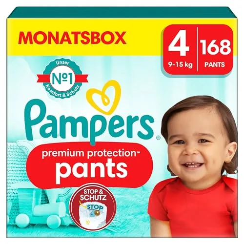 Pampers spodnie na pieluchy, rozmiar 4 (9-14 kg), ochrona premium, 168 spodni na pieluchy, pudełko miesięczne, Pampers nr 1, zapewniające komfort i ochronę wrażliwej skóry