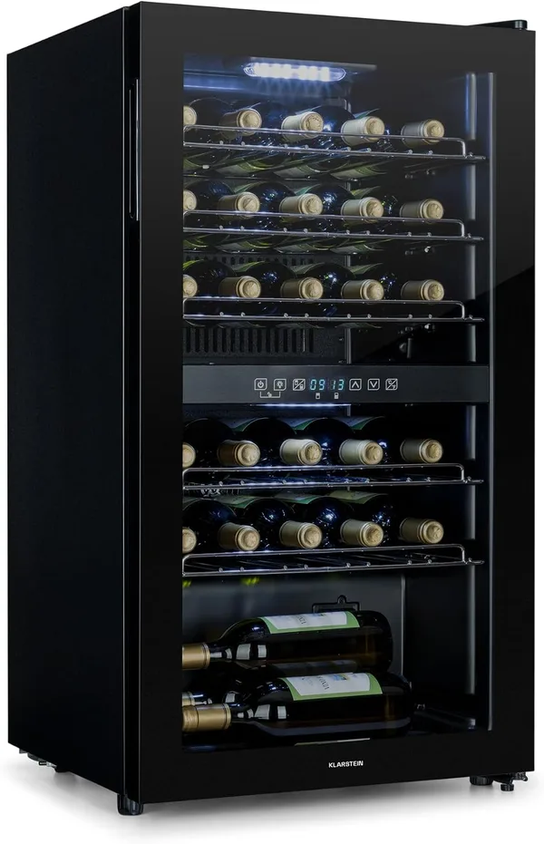 Klarstein Shiraz Weinkühlschrank Schwarz – 29 Flaschen, 80 L, 2 Zonen | Getränkekühlschrank mit Glastür, freistehend, leise, 5–18 °C, LED, Edelstahlrahmen