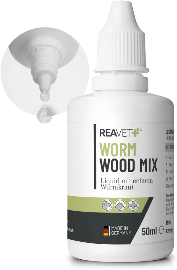 ReaVET Wurm-Kraut Liquid 50ml – dla psów i kotów, z prawdziwym piołunem wężowym (Artemisia Absinthium) w recepturze roślinnej, odpowiedni dla wszystkich zwierząt domowych