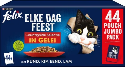 FELIX Fantastic Mokra Karma dla Kotów Wiejskie Smaki, Pakiet Ekonomiczny, 44 Wygodne Saszetki, Delikatne Kawałki w galaretce, 4 Pyszne Smaki, 100% Pełnoporcjowe i Zbilansowane żywienie
