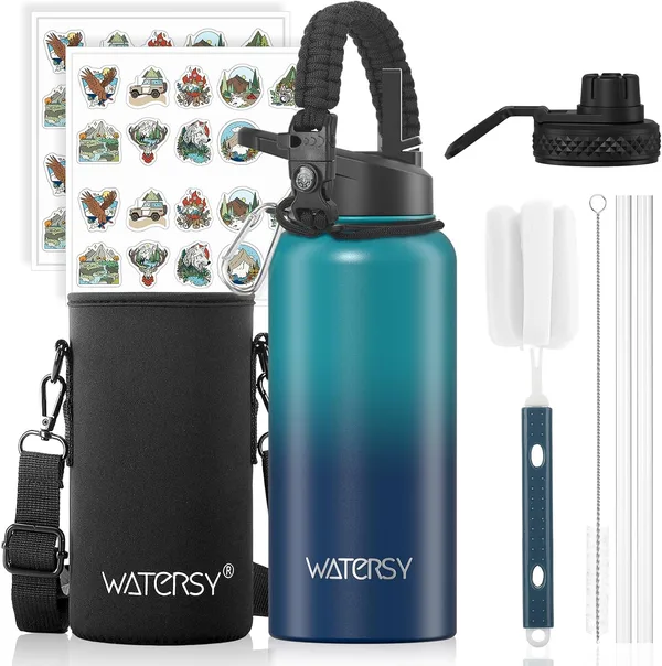WATERSY Izolowana próżniowo butelka na wodę ze stali nierdzewnej 32 oz / 946 ml, metalowa butelka na napoje z 2 pokrywkami, szczelna (pokrywka ze słomką i pokrywka z wylewką)