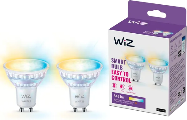 WiZ Tunable White LED Spots GU10 2er-Pack (345 lm), 50 W Glas Spots mit warm- bis kaltweißem dimmbarem Licht, smarte Lichtsteuerung über WLAN per Stimme/App