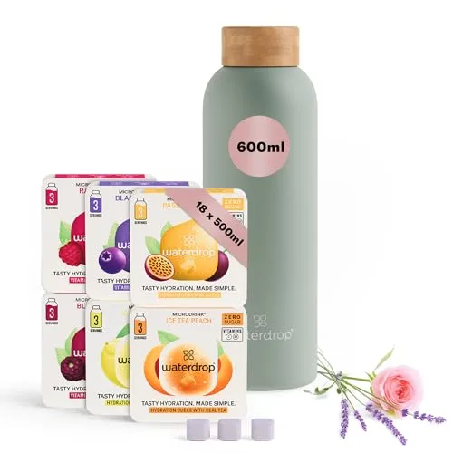 Waterdrop Microdrink Waterdrop Starter Set Steel With 1X Stainless Water Bottle 18 Microdrinks Vitamin Hydration Cubes In 6 Flavours Taster Pack 600Ml Double Insulated Sugar Free Drinks