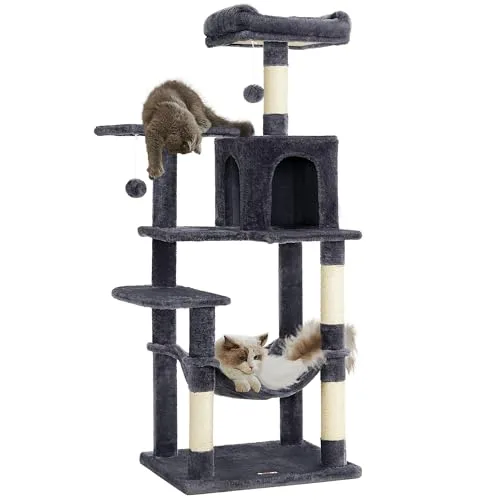 Feandrea Albero per Gatti Alto 143 cm, Tiragraffi per Gatti, con 4 Pali Graffiatoi, 2 Posatoi, 1 Grotta, 1 Amaca, 2 Pompon, in Peluche a Più Livelli, Grigio Fumo PCT161G01
