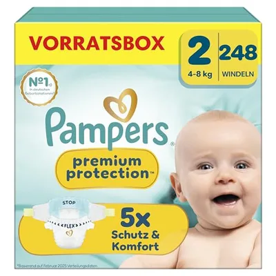 Pampers Premium Protection taglia 2, 248 pannolini, 4 kg-8 kg, protezione per pelle e perdite