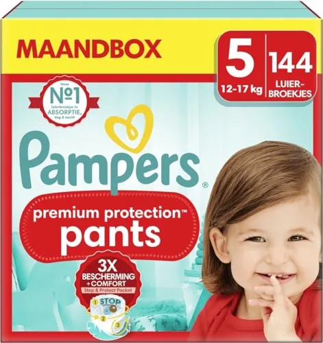 Pampers rozmiar 5 spodni pieluchowych (11-16 kg), ochrona premium, 144 spodni na pieluchy, pudełko miesięczne, Pampers nr 1, zapewniające komfort i ochronę wrażliwej skóry