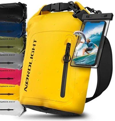 Nordlight Bolsa Estanca Impermeable + Funda para Móvil, Cierre Enrollable, Correa para Hombro | Drybag Mochila Impermeable Saco Estanco Bolsa de Transporte Náutica | Playa Sup - Amarillo, 20 litros
