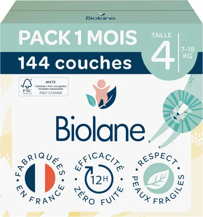 BIOLANE - Couches Bébé Taille 4 (7-18 kg) - Pack 1 Mois - 144 Couches