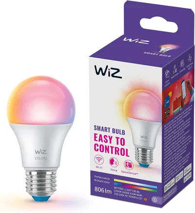 Żarówka Ledowa WiZ Smart A60, LED kolorowy i regulowany odcień białego światła, trzonek E27, 60W, 2200K–6500K, 806lm, Inteligentna Żarówka działa z Alexą, Google Assistant i Apple Home, 1 szt