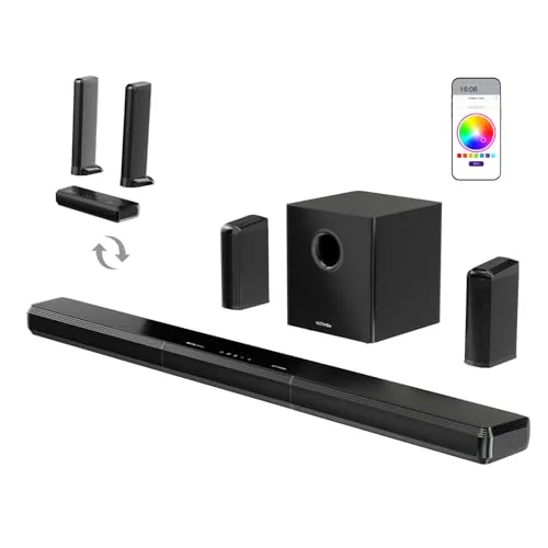 ULTIMEA 9.1ch Dolby Atmos Soundbar TV con 2 Altoparlanti Posteriori, Sound Bar Staccabile con Subwoofer da 6,5″, Barra RGB per TV, Potenza Massima 470W, Controllo App, HDMI/OPT/AUX/BT, Apollo S90