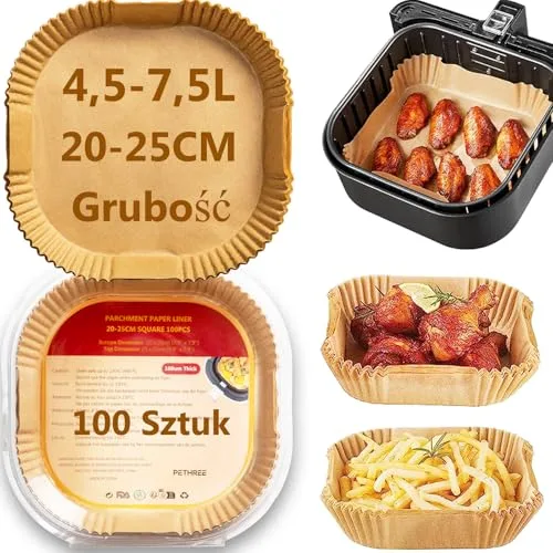 Papier Cuisson Air Fryer 4,5-7,5L XXL, 100 Pièces Sans BPA Épaissi 20-25cm Papier Carré Sulfurisé pour Air Fryer, Antiadhésive Accessoires Moule Papier Friteuse - Épaisseur 100μm