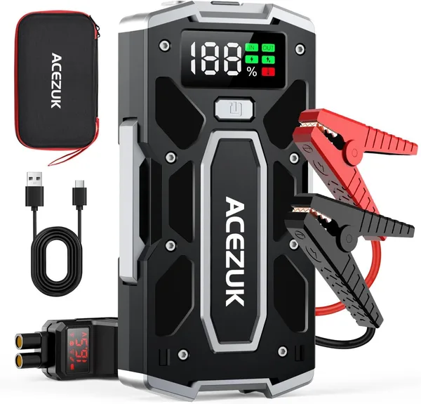 ACEZUK Starthilfe Powerbank 12V (Bis Zu 7,0L Benzin Oder 5,5L Diesel) Auto Starthilfe mit LED-Taschenlampe, großen Bildschirm, Jumper Bildschirm, Autobatterie Booster für SUV Motorrad Rasenmäher 6000A