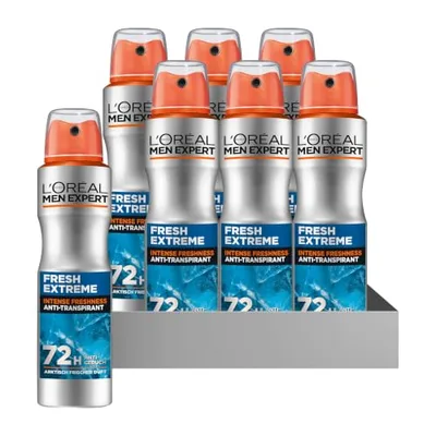 L'Oréal Paris, Men Expert, Fresh Extreme 72H – antyperspirant w sprayu o działaniu ultra-chłodzącym i intensywnej ochronie przed nieprzyjemnym zapachem, 6 x 150 ml