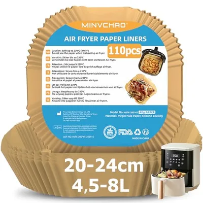 carta forno per friggitrice ad aria 110 pezzi Adatta per friggitrice ad aria calda da 4,5L-8L Senza BPA carta per friggitrice ad aria 20-24cm Compatibile con COSORI Airfryer Cecotec Philips