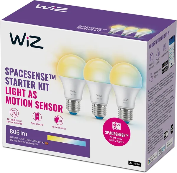 WiZ Smart LED A60 Bulb, Warm to Cool White, E27 Base, 60W, 806 Lumens, Dimmable, Works with Alexa, Google Assistant, and Apple Home, Pack of 3