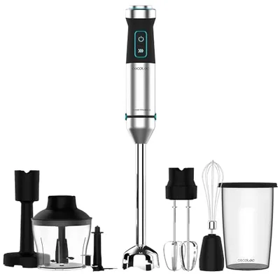 Cecotec Blender ręczny Power Pulsar 2300 MAX. Maksymalna moc 2300 W, 4 ostrza z czarną powłoką tytanową, stopą XL, szklanką 700 ml z pokrywką, prętami i rozdrabniaczem z wylewką lodu