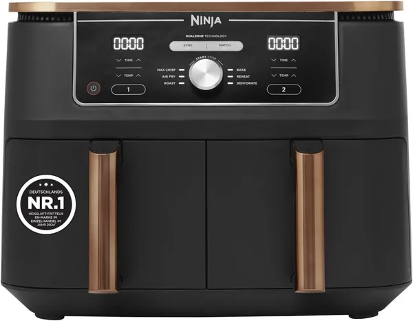 Ninja Foodi MAX Dual Zone Air Fryer, 2 Tiroirs, 9,5L, 6-en-1, Sans Huile, Air Fry, Max Crisp, Rôtir, Cuire, Paniers Antiadhésifs Lavables Au Lave-Vaisselle, Cuivre/Noir Exclusivité Amazon AF400EUCP