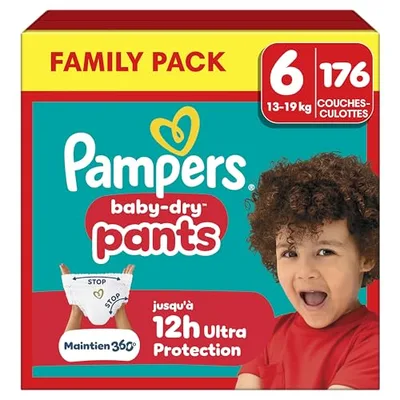 Pampers Baby-Dry Pants Rozmiar 6, 176 Pieluch-Majtki, 13kg-19kg, Ochrona 360° przed wyciekiem w dzień i w nocy, Family Pack