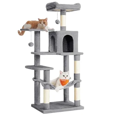 Feandrea Albero per Gatti Alto 143 cm, Tiragraffi per Gatti, con 4 Pali Graffiatoi, 2 Posatoi, 1 Grotta, 1 Amaca, 2 Pompon, in Peluche a Più Livelli, Grigio Chiaro PCT161W01